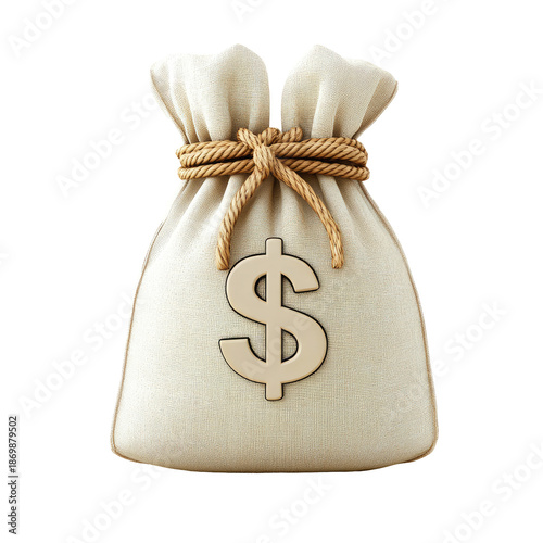 Money bag icon, beige sack with a dollar sign, tied with twine