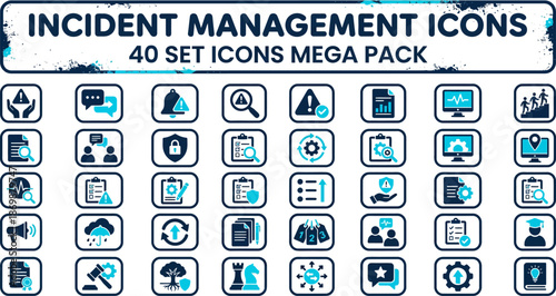 Incident Management Operations Solid Icons Vector Set – Alert Response Escalation Investigation Resolution Crisis Recovery Risk Control Dashboard Filled Icon Pack UI Web App