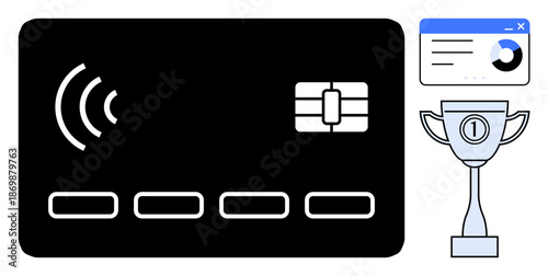Contactless payment. Contactless payment card digital transactions, a data chart for financial analysis, and a trophy achievement. Perfect for fintech, finance, rewards systems, analytics, e-commerce
