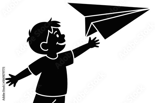 Silhouette of happy little boy throwing paper airplane into air isolated