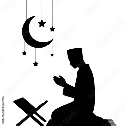 Muslim man praying salah with hanging crescent moon and stars silhouette isolated