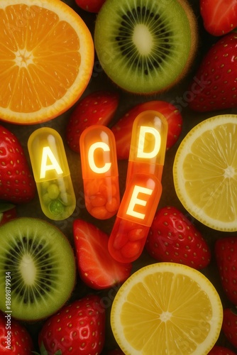 Vitamin capsules with fresh fruits for healthy nutrition.