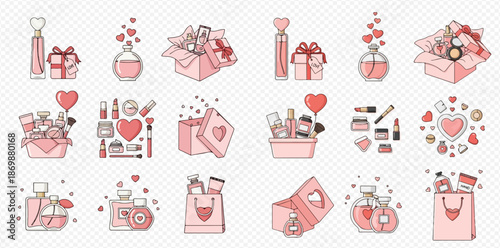Valentine's Day Cosmetics and Perfume Gift Set Illustrations.