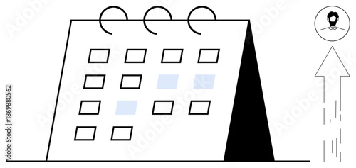 Time management, professional development, business growth, goal planning, organizational tools, productivity. Minimalist table calendar with an upward arrow icon and a portrait. Time management