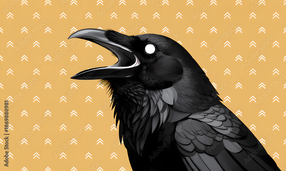 Obraz premium Dramatic stylized black raven cawing with open beak against a vibrant yellow chevron patterned background illustration.