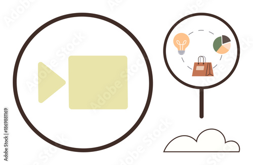 Digital marketing, e-commerce, content creation, data analysis, online strategy, creative ideas. Magnifying glass highlighting a shopping bag, lightbulb pie chart. Digital marketing and e-commerce