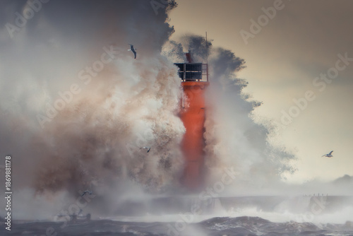 Seabirds Flying Near a Stormy Coastal Lighthouse