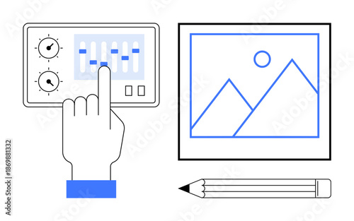 Creative design, graphic editing, digital art, photography settings, image adjustment, content creation. A hand adjusts sliders on a control panel next to a pencil and framed artwork. Creative design