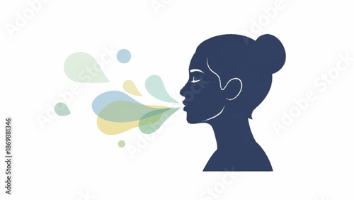 Graphic silhouette of a woman gently exhaling or speaking, with swirling, colorful air currents illustrating breath, voice, or the refreshing spread of scent