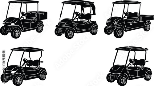 Golf cart silhouettes, utility vehicle collection illustration isolated on white background, recreational electric transport design set for outdoor leisure mobility