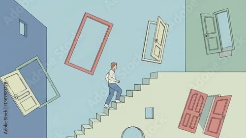 Man climbing stairs surrounded by many open and closed doors, symbolizing choices and opportunities