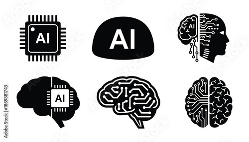 Artificial intelligence related concepts vector illustrations including brains and processors