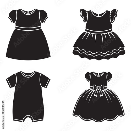 Set of baby dresses vector illustrations including various outfits for little girls