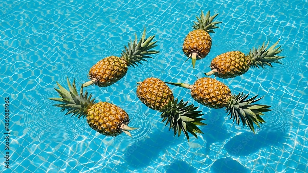 Fototapeta premium Pineapples Floating in Blue Swimming Pool Summer Background