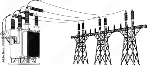 High voltage power substation illustration, electrical transformer and transmission towers, energy distribution infrastructure isolated on white background industrial engineering concepts