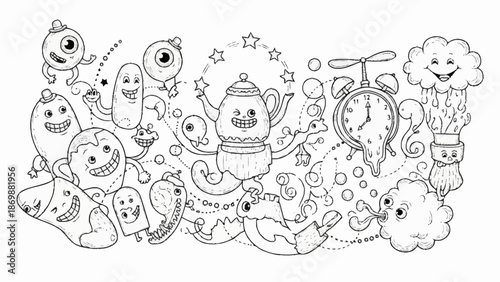 Whimsical Doodle Characters in a Chaotic Black and White Composition