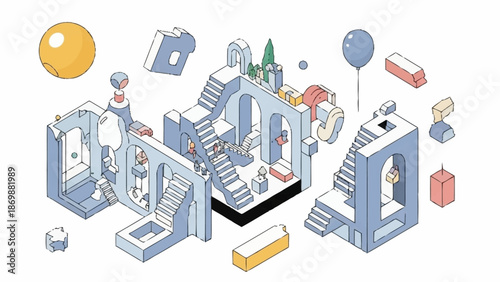 Surreal Architectural Structures With Isometric Design Elements and Geometric Shapes