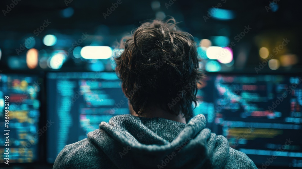 Fototapeta premium Person wearing a hoodie viewed from behind looking at multiple computer screens displaying code