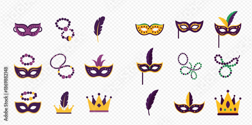 Vibrant collection of Mardi Gras masks, beads, feathers, and crowns for festive celebrations.