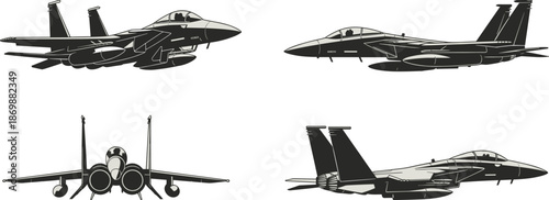 Military fighter jet aircraft silhouette set illustration isolated on white background, modern air force aviation defense technology concept