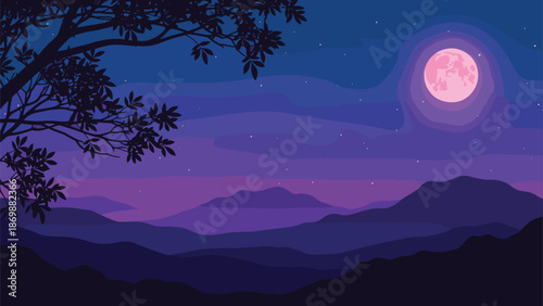 Serene nighttime mountain landscape vector illustration, glowing full moon, stars, tree silhouettes, and tranquil scenery for nature and dreamlike themes