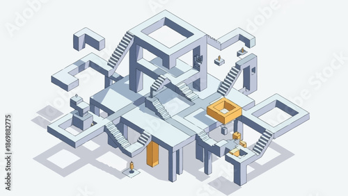 Abstract Isometric Architectural Design with Interconnected Stairs and Platforms Forming a Complex Conceptual Labyrinth Structure