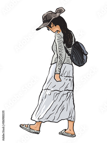 One young chinese girl in hat, sunglasses with backpack walking on summer day outdoors, realistic hand drawn vector illustration isolated on white