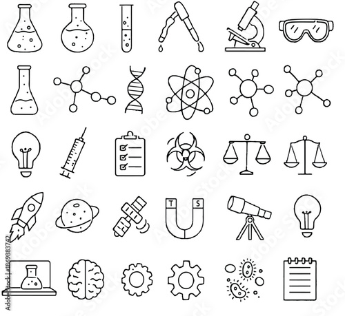 A clean outline vector icon set featuring 30 unique science and research icons arranged in a perfectly aligned grid on a white background. The collection includes laboratory equipment, chemical flasks