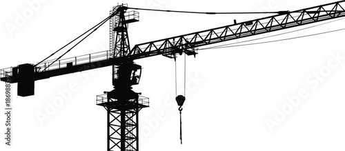 Tower crane silhouette, construction industry equipment isolated on white background, heavy lifting machinery for building development projects worldwide urban infrastructure