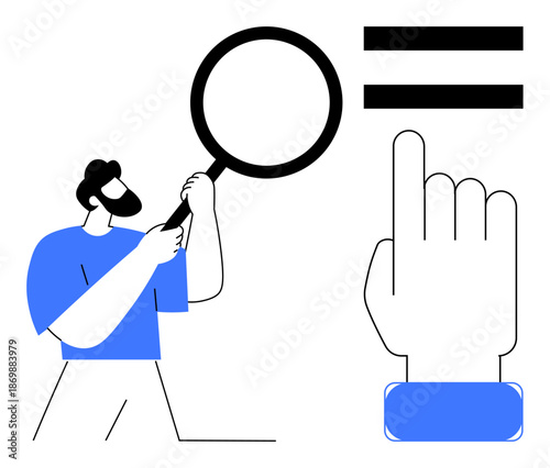 Man examining with magnifying glass, hand pointing at two parallel lines. Ideal for research, justice, equality, teamwork, decision-making, strategy problem-solving. Clean simple flat metaphor