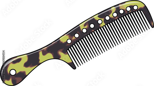 Camouflage pattern hair comb illustration, stylish grooming accessory with handle, beauty styling tool design, modern personal care concept, isolated on white background