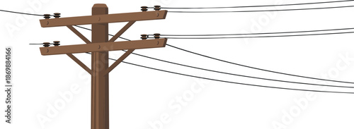Wooden utility power pole with electrical wires illustration isolated on white background, energy distribution infrastructure for rural urban networks
