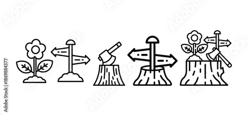 Outdoor adventure icons set showing nature elements signposts tree stump logging axe and growing flowers line graphics