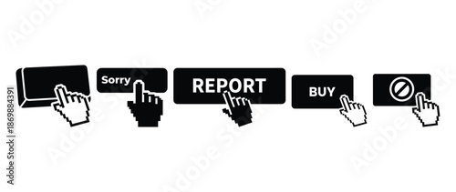 Set of black action buttons for digital interface including sorry report and buy with clicking cursor