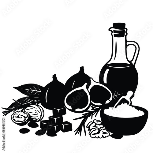 Still life composition, figs, nuts, oil bottle, mortar and pestle, herbs, spices, gourmet food, healthy ingredients, kitchen scene, culinary elements