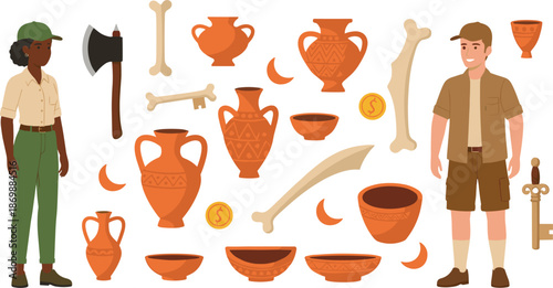 Archaeology excavation elements set with archaeologists, ancient pottery, bones, artifacts, tools, and coins in flat vector illustration