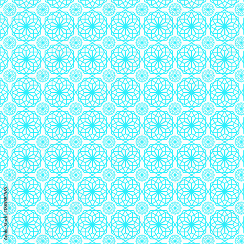 Seamless Islamic geometric pattern, intricate cyan blue line art, Moroccan zellige tile aesthetic, octagonal star lattice, symmetrical mathematical ornament, white background, fine vector linework, tr