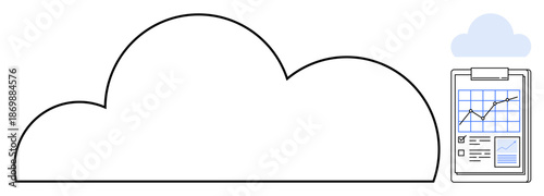 Cloud computing, data storage, analytics, business growth, web services, performance monitoring. A cloud and clipboard with graphs and charts. Cloud computing and data storage concept