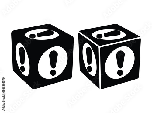 Warning risk cubes vector illustration showing two dice with exclamation marks instead of traditional numbers