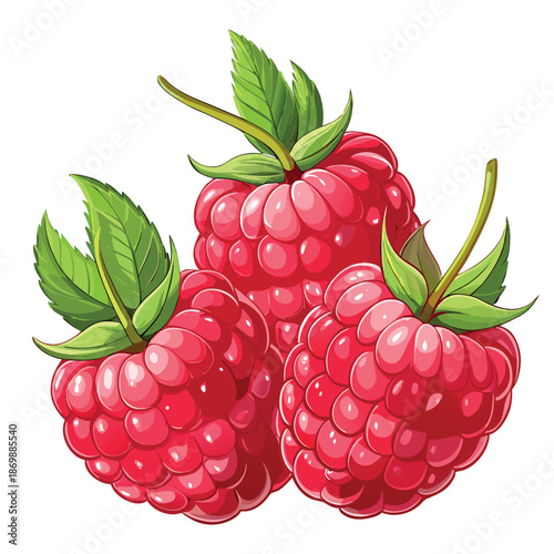 Three bright red raspberries with shiny highlights and green leaves