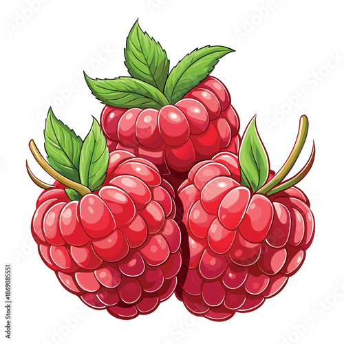 Three bright red raspberries with shiny highlights and green leaves