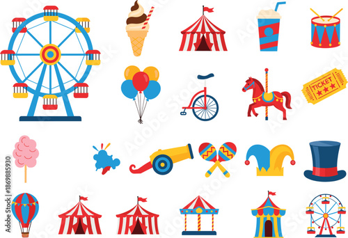 Large set of colorful carnival circus icons featuring ferris wheel circus tent carousel horse balloons ice cream and funfair festival entertainment elements isolated vector.
