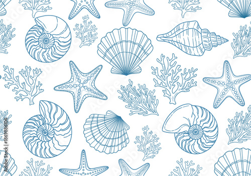 Seamless nautical line art pattern featuring detailed seashells starfish and coral reef elements for elegant blue and white summer coastal background wallpaper.