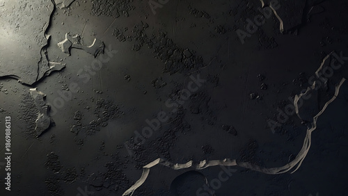 Dark textured abstract surface with cracked fissures and rough patches grey black
