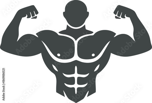 PrinMuscular male silhouette flexing arms in monochrome fitness and bodybuilding vector designt