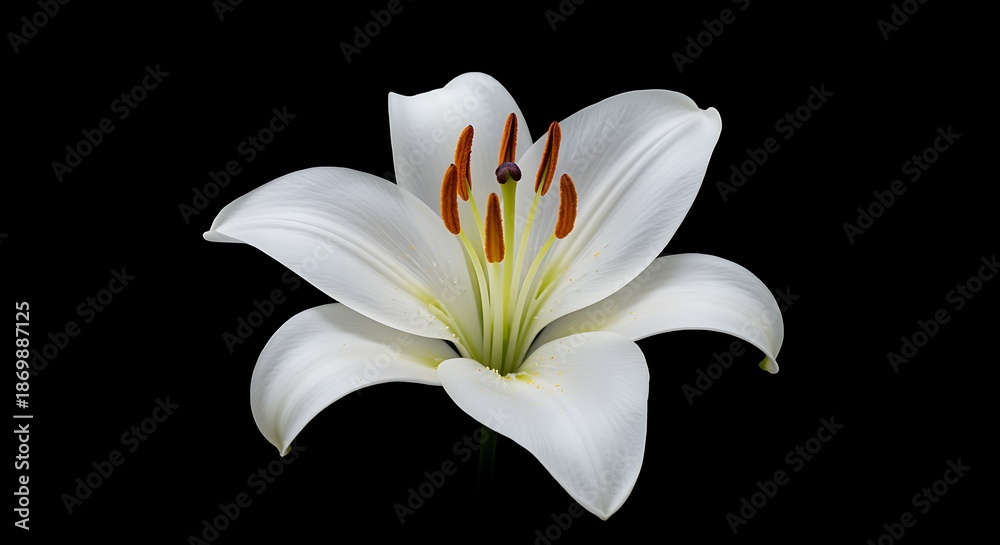 Fototapeta premium White Lily Flower with Orange Anthers Against Black Background