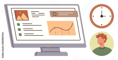 Business analytics, project management, time tracking, workflow optimization, data visualization, productivity. Computer screen with chart, task list notifications clock and person. Business
