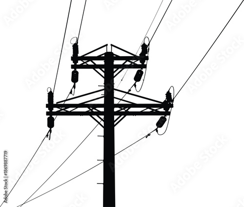 Electric utility power pole silhouette vector illustration with insulators crossarms and overhead transmission lines energy infrastructure isolated black design
