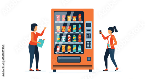Two women using an orange vending machine filled with various snacks and drinks in a modern public space for refreshers.
