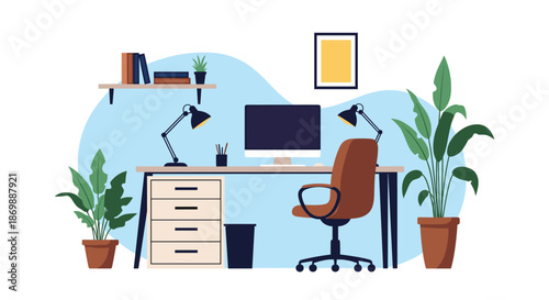 Modern home office workspace with a desk computer chair and indoor plants against a light blue background for work.